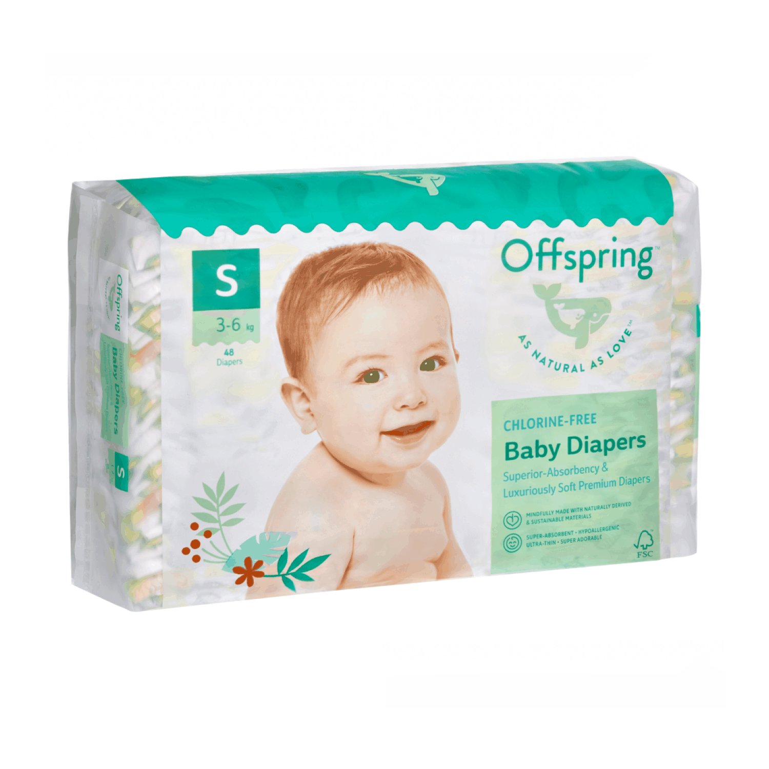 Подгузники Offspring S (3-6 кг), 48 шт, Авокадо Фуджиян Блю Грейт Санитари Артиклс Ко Лтд