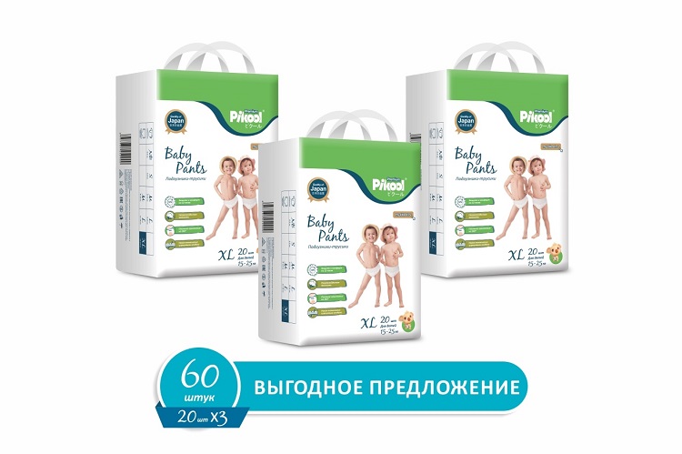 Подгузники-трусики детские Пикул Премиум XL (15-25кг), 60 шт, (20 х3) Мега Софт