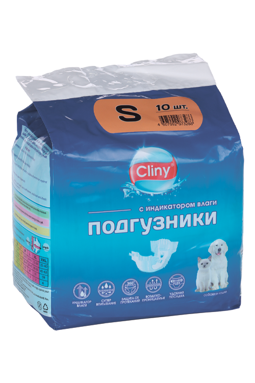 Подгузники Cliny д/собак/кошек с индикатором влаги 3-6 кг р S 10 шт НАНТОНГ ДЖИЧЕНГ НУРСИНГ ПАД КО., ЛТД