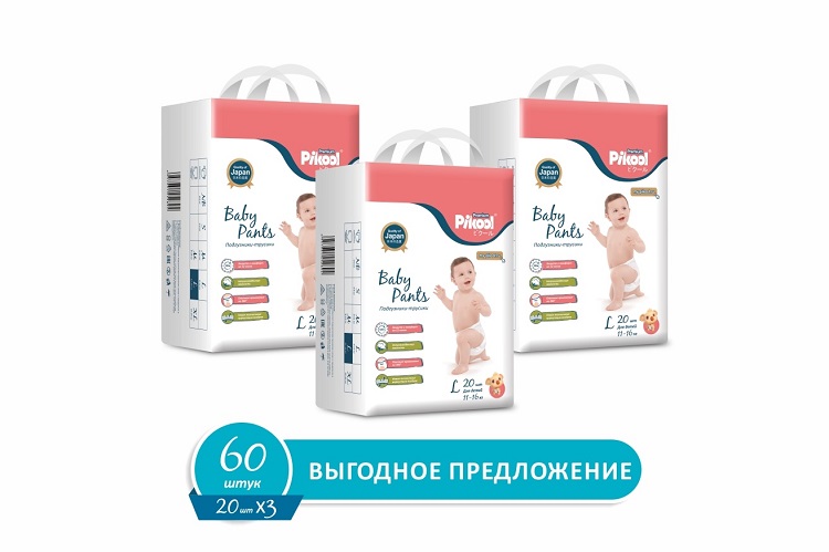 Подгузники-трусики детские Пикул Премиум L (11-16кг), 60 шт, (20 х3) Мега Софт