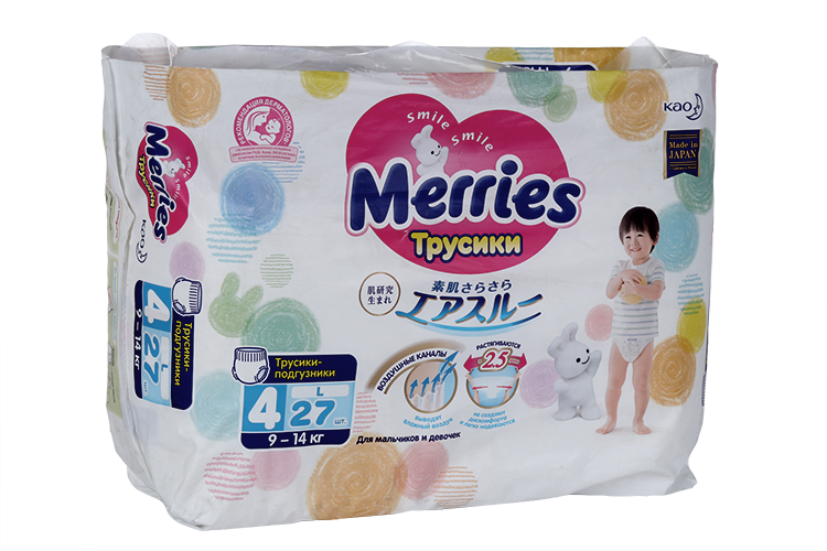 Трусики-подгузники MERRIES д/детей р L (9-14 кг), 27 шт КАО Корпорейшн