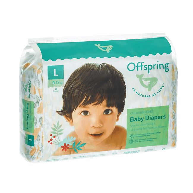 Подгузники Offspring L (9-13 кг), 36 шт, Лимоны Фуджиян Блю Грейт Санитари Артиклс Ко Лтд