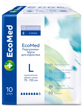 EcoMed Подгузники-Трусы для взрослых L ( 75-135 см) 10 шт. Quanzhou Tianjiao Lady & Baby's Hygiene Supply Co.,Ltd