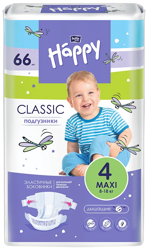 Подгузники bella baby Happy Maxi с эластич боковинками (8-18кг), 66 шт Белла ООО