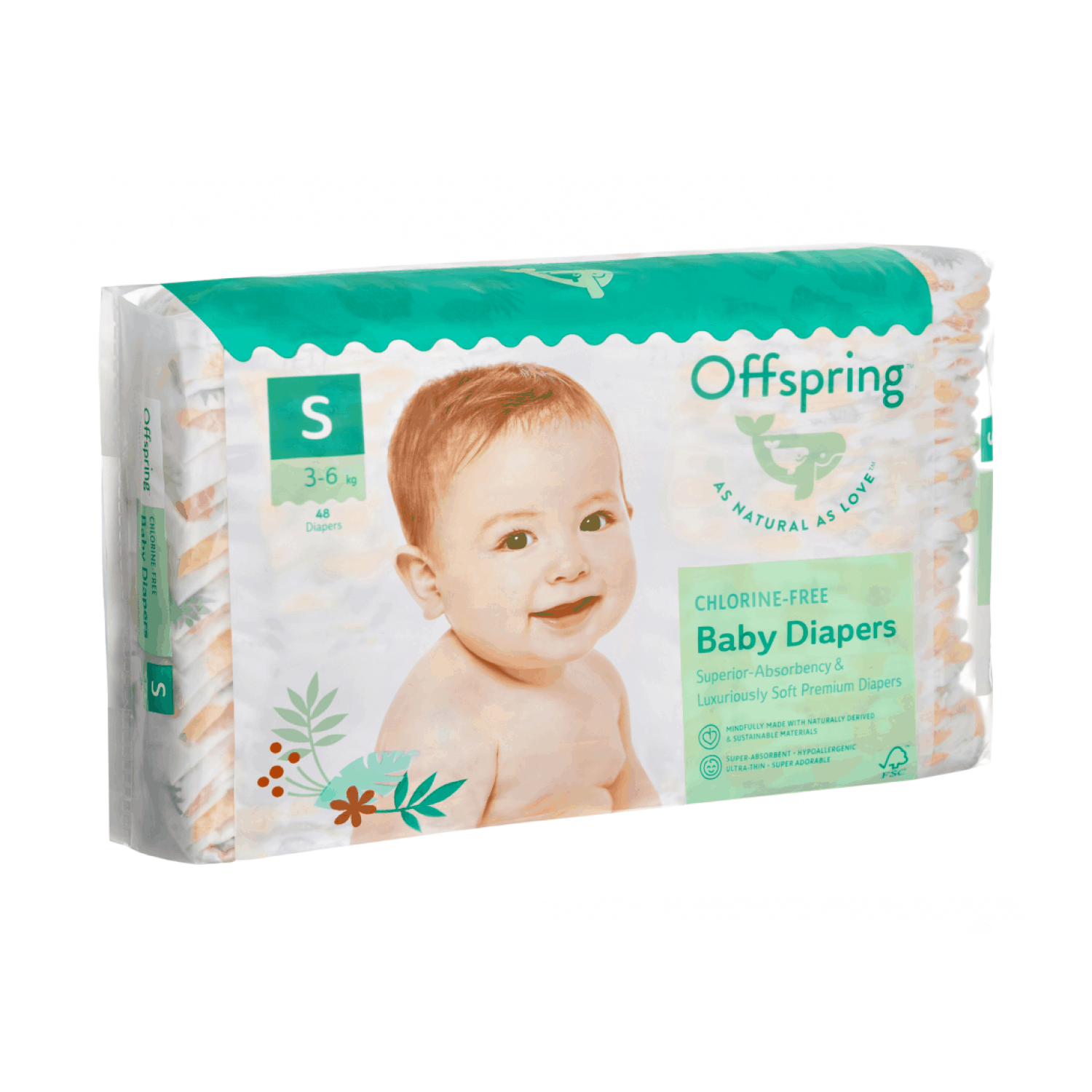 Подгузники Offspring S (3-6 кг), 48 шт, Ананасы Фуджиян Блю Грейт Санитари Артиклс Ко Лтд