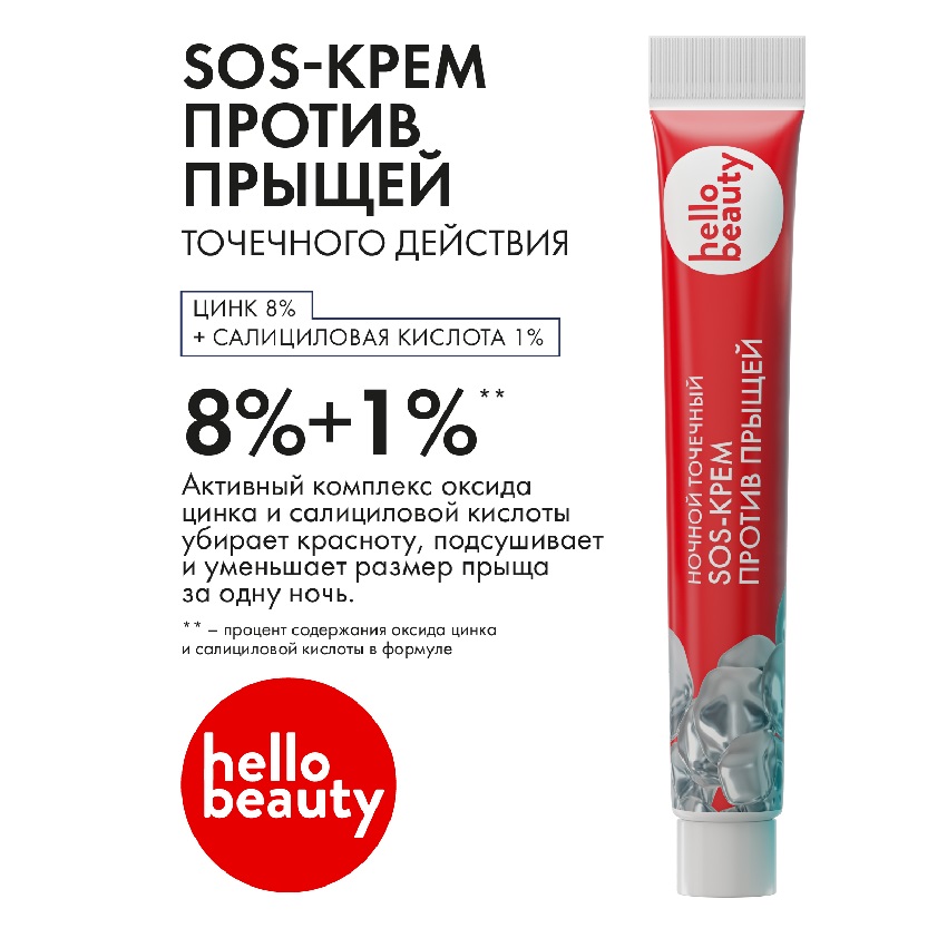 Ночной SOS HEllo Beauty крем для лица с цинком против прыщей (акне) 10 мл туба (ВИТ) Вакуумные Ионные Технологии ЗАО