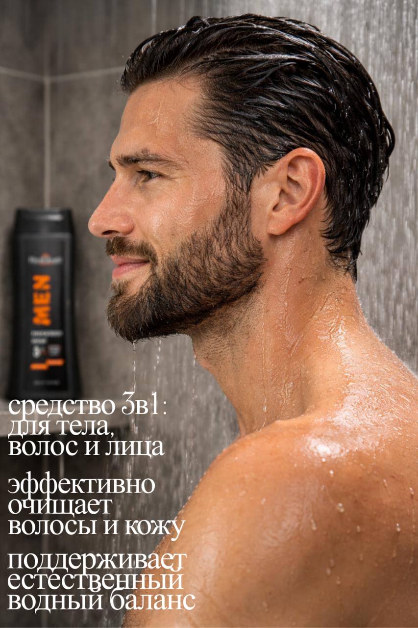 Шампунь мужской "3 в 1"для волос и тела  "Energizing refreshing" тонизирующий с экстрактами мяты HYDRODERM, 300 мл Pars HAYAN