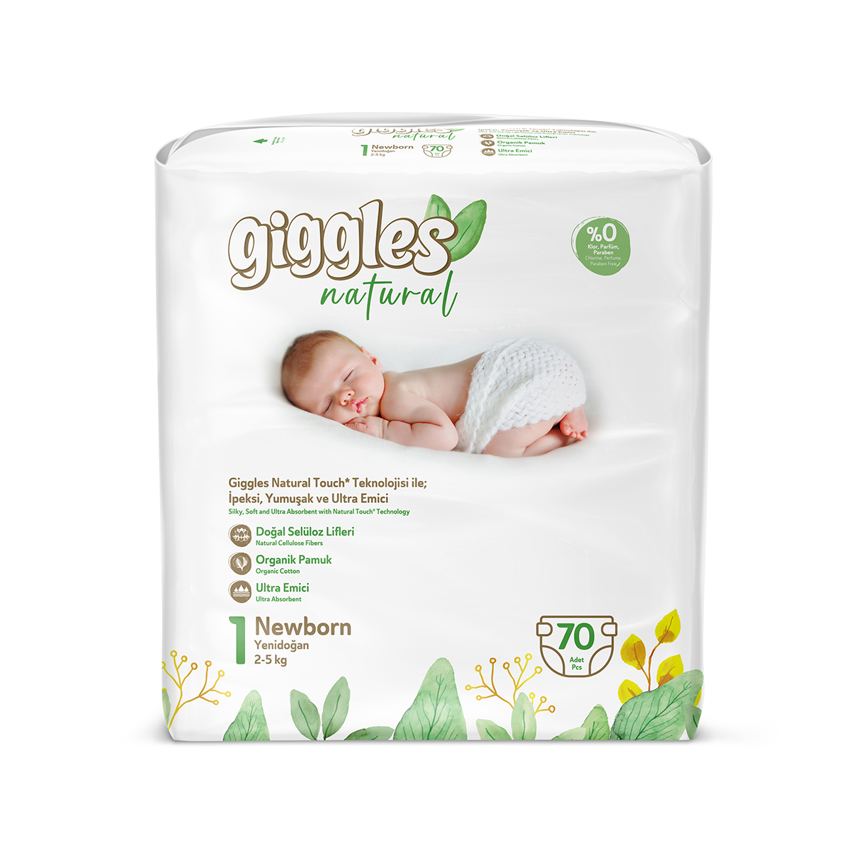 Подгузники детские Giggles Natural, 1 размер (2-5 кг), 70 штук SEVINCLER SAGLIK URUNLERI SAN. VE TIC. A.S