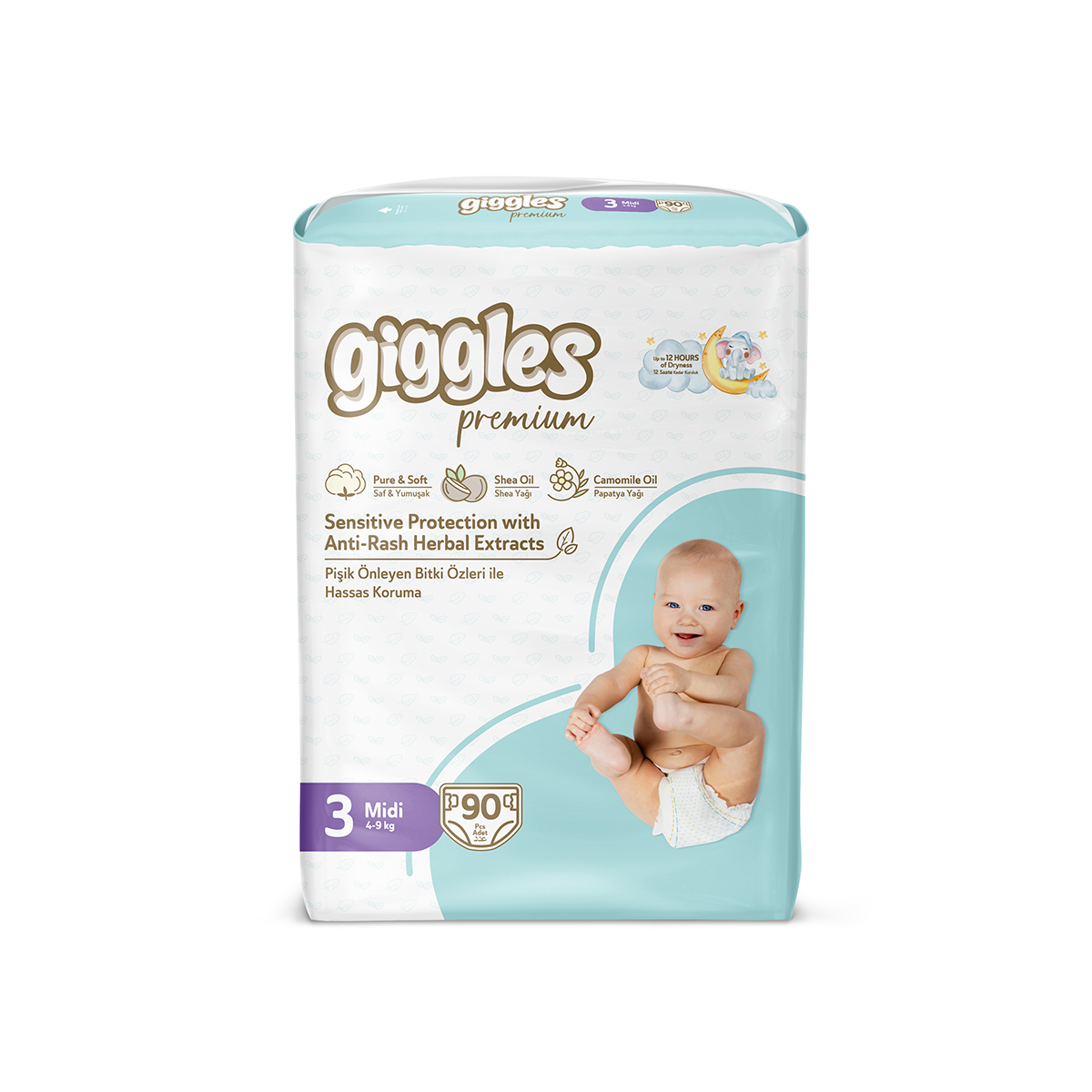 Подгузники детские Giggles Premium, 3 размер (4-9 кг), 90 штук Севинчлер Саглык Урюнлери Сан. ве Тид. А.Ш.