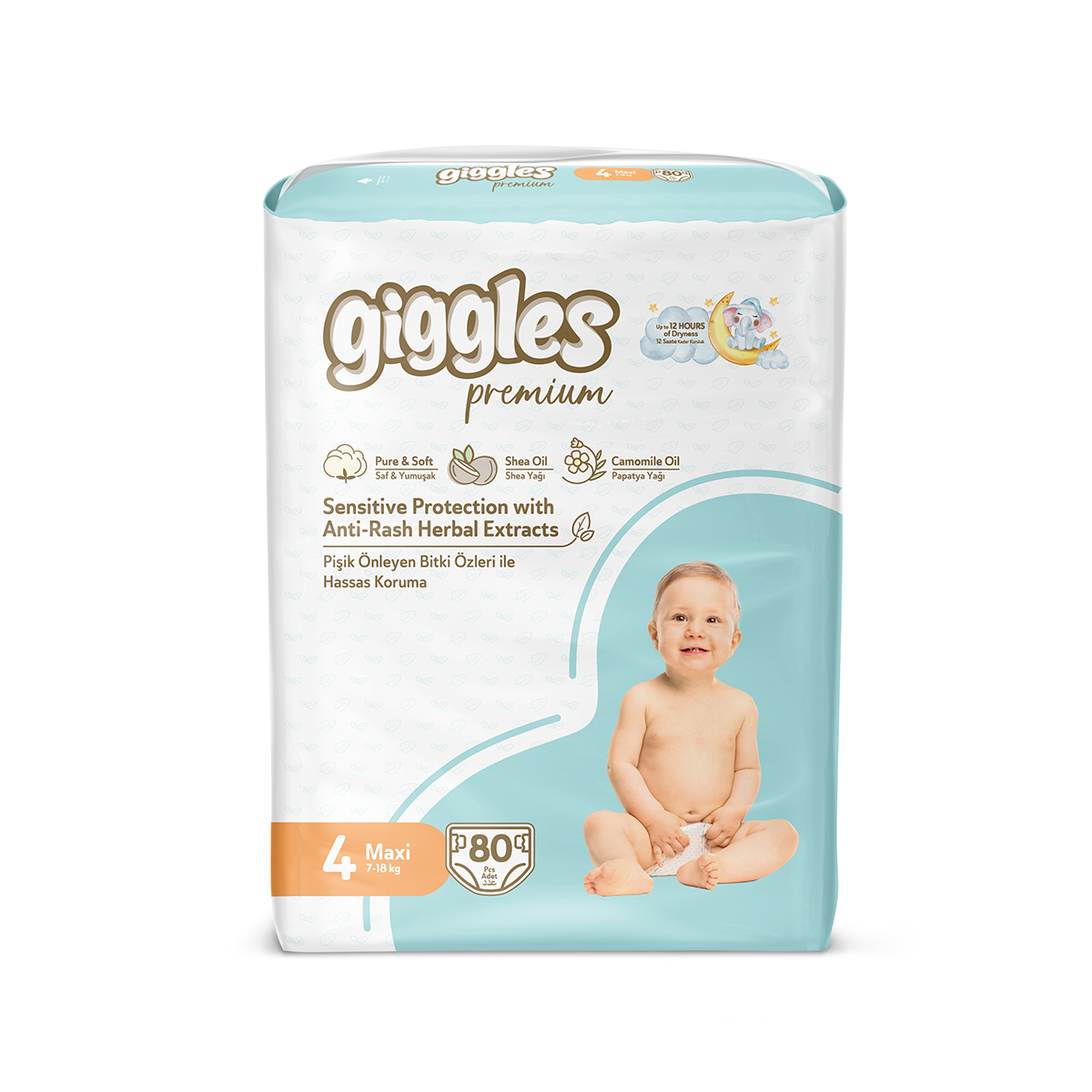 Подгузники детские Giggles Premium, 4 размер (7-18 кг) , 80 штук Севинчлер Саглык Урюнлери Сан. ве Тид. А.Ш.