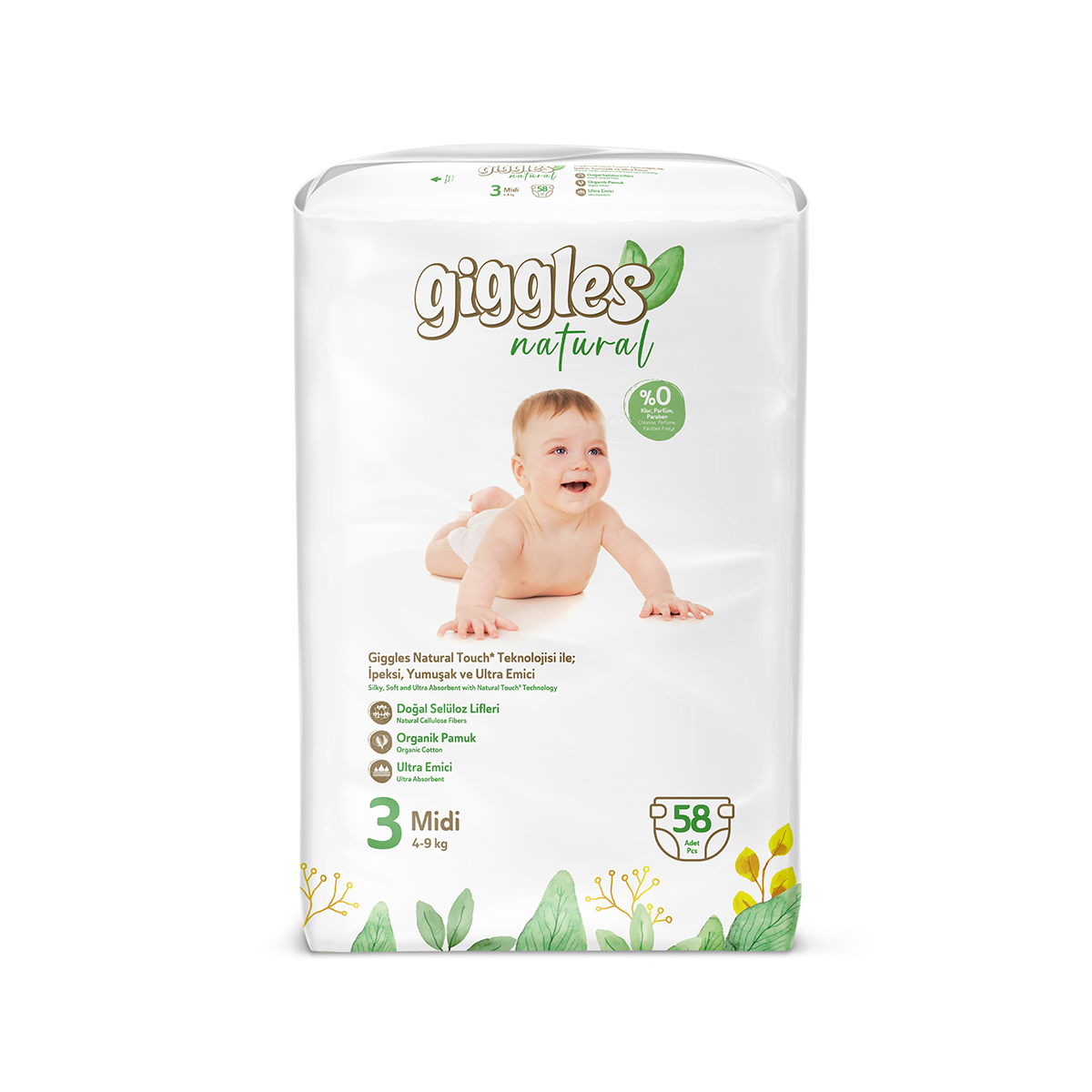 Подгузники детские Giggles Natural, 3 размер (4-9 кг), 58 штук Севинчлер Саглык Урюнлери Сан. ве Тид. А.Ш.