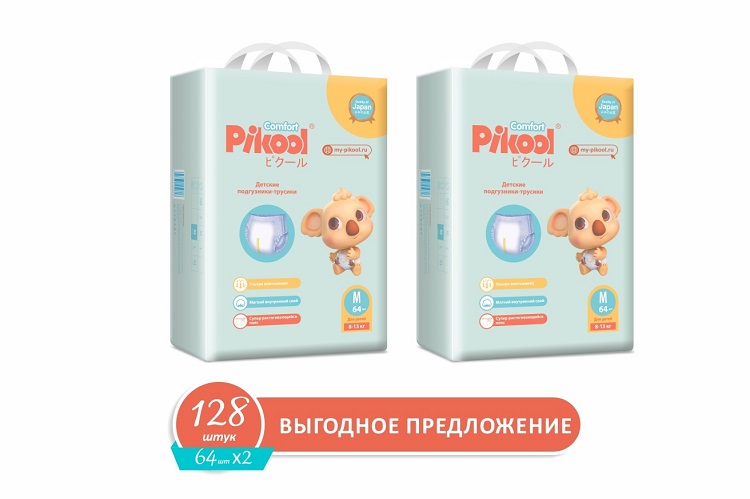 Подгузники-трусики детские Пикул Комфорт M (8-13кг), 128 шт, (64 х2) Мега Софт