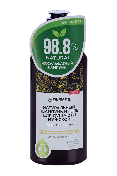 Шампунь-гель SYNERGETIC Энергия и сила 2 в 1 бессульф мужск, 400 мл Синергетик ООО