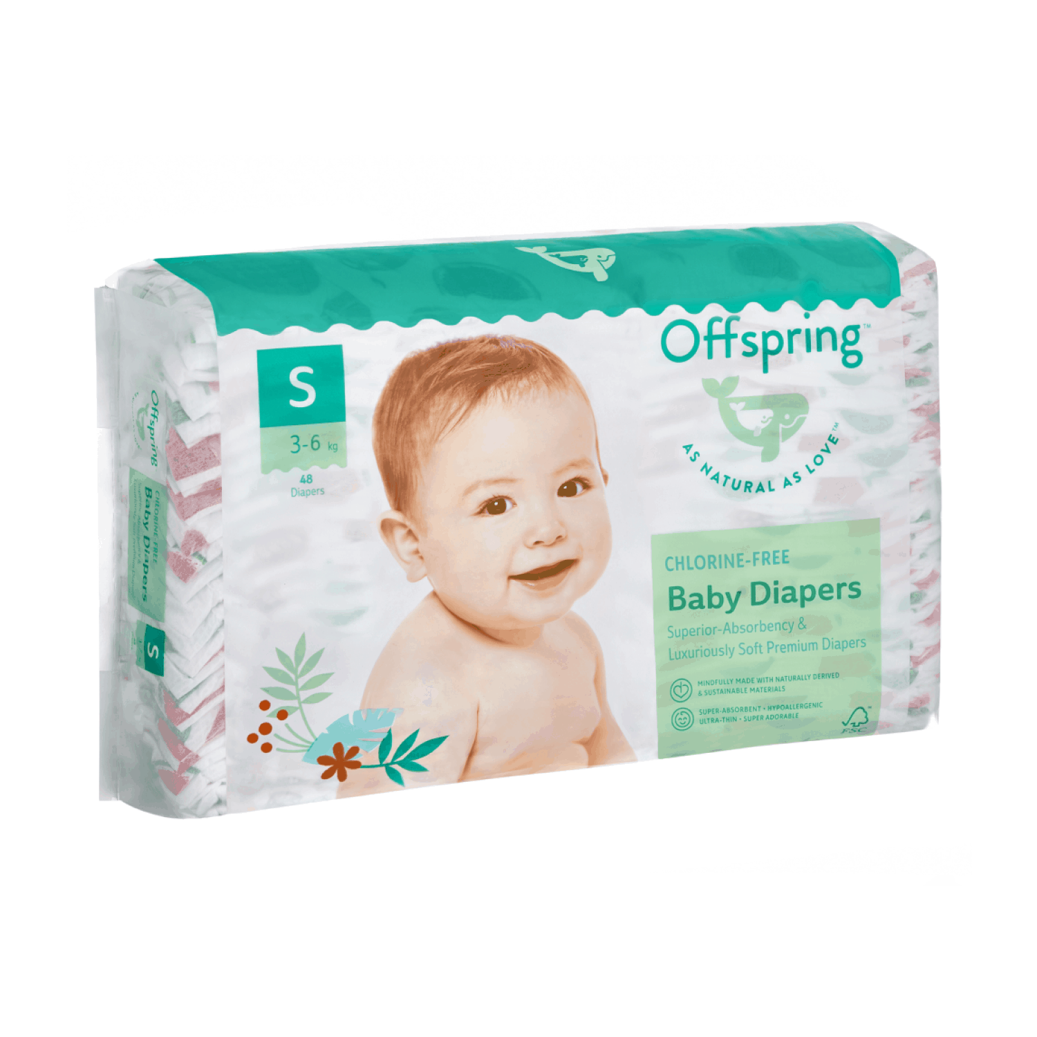 Подгузники Offspring S (3-6 кг), 48 шт, Арбузы Фуджиян Блю Грейт Санитари Артиклс Ко Лтд