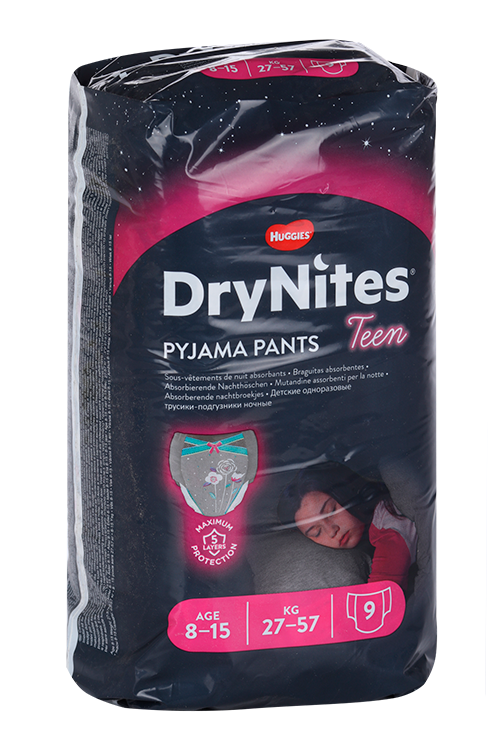 Трусики-подгузники HUGGIES DryNites для девочек 8-15 лет 9 шт (27-57 кг) Кимберли Кларк