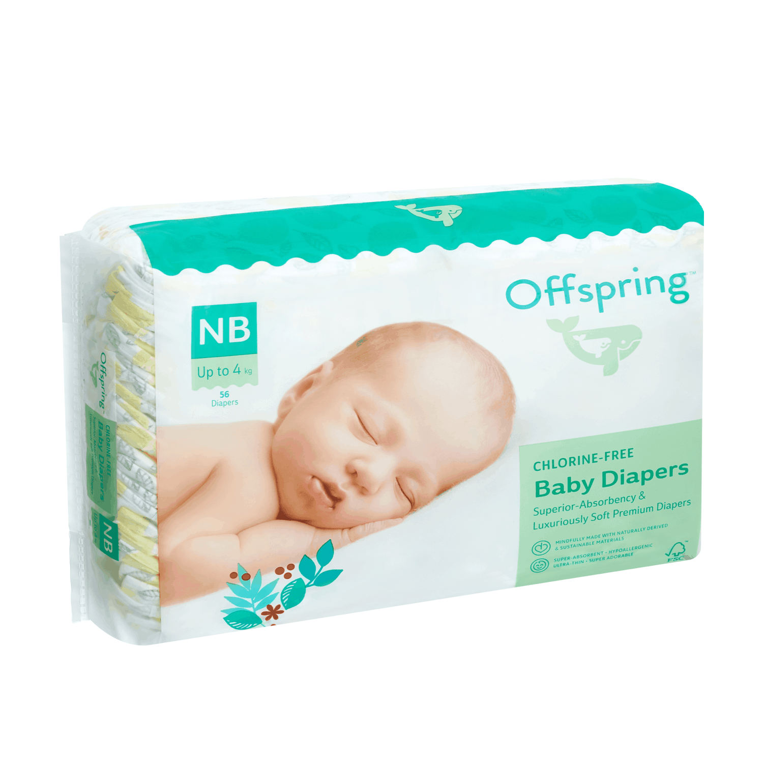 Подгузники Offspring NB до 4 кг, 56 шт, Лимоны Фуджиян Блю Грейт Санитари Артиклс Ко Лтд
