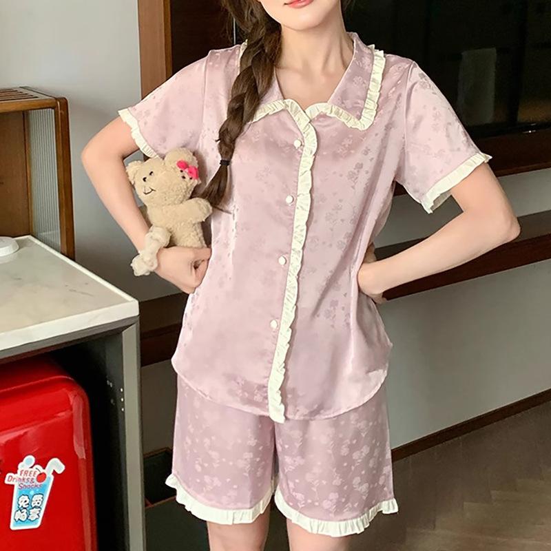Cute Girl Princess Style Long-Sleeved Ice Silk Pajamas Women S Summer Sweet Lace Loungewear Two-Piece Set M gray BaiJia Jewelry BB