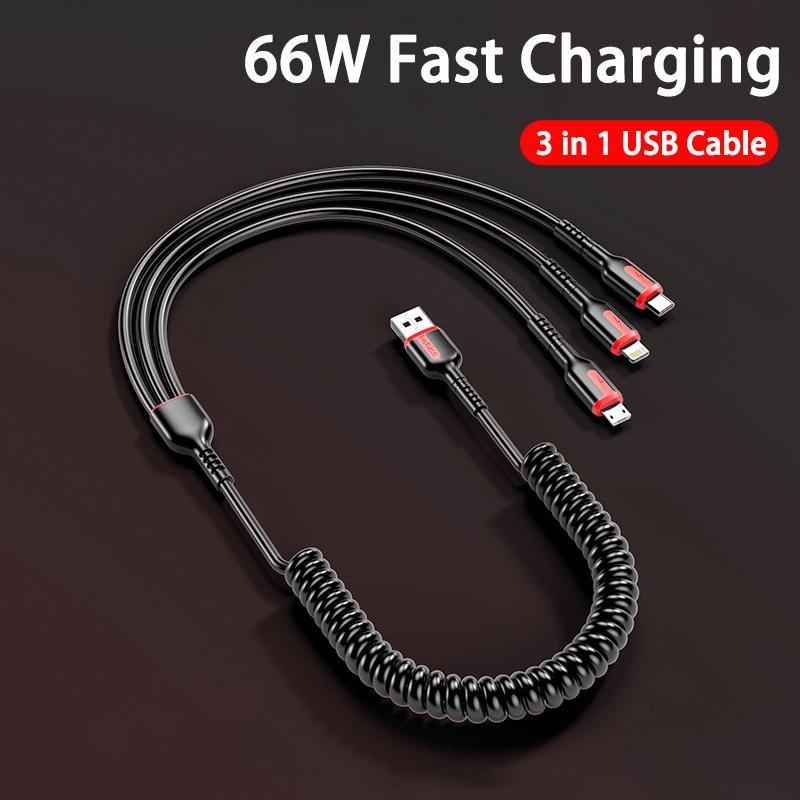 1 шт. Кабель USB Type C 3 в 1 66 Вт 6 А для быстрой зарядки, кабель Micro USB для зарядки iPhone, кабель для зарядного устройства 1.2m чёрный Hizer