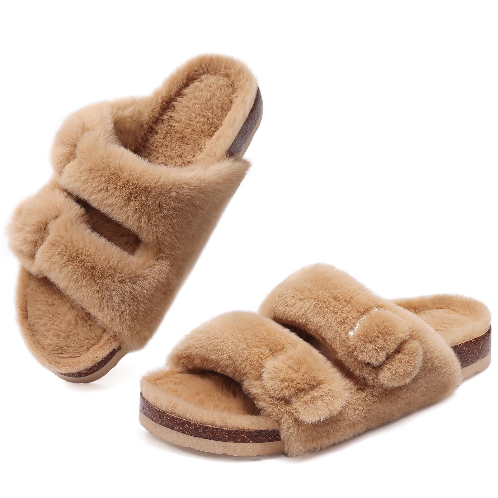 Модные плюшевые тапочки Comwarm из пробки для женщин, домашние тапочки с меховой подкладкой, пушистые пробковые тапочки для дома и улицы, нескользящие мохнатые шлепанцы на плоской подошве 36 brown Sneak Spot