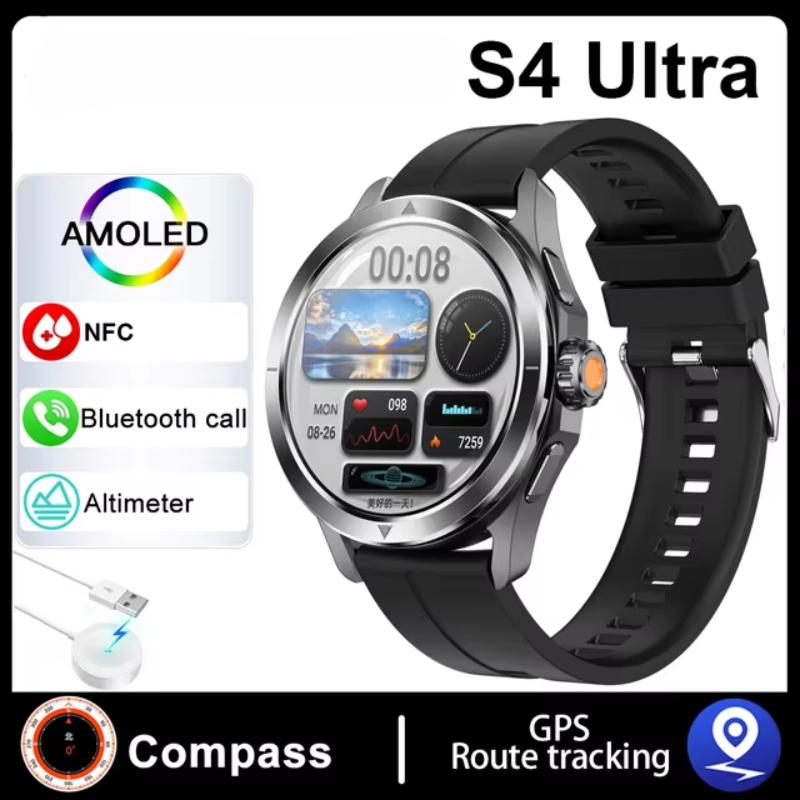 2025 НОВЫЙ S4 Ультра Смарт Браслет Мужские Часы AMOLED HD Экран Bluetooth Вызов GPS Траектория NFC Компас Сердечного ритма Умные Часы Silicone Belt чёрный QLY Online
