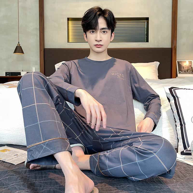 Мужская пижама весна и осень, хлопковый домашний костюм для подростков, простая свободная пижама для отдыха, домашний костюм L gray Modern Muse