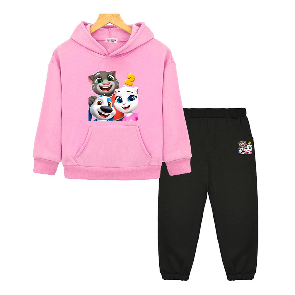 Рождественская толстовка с капюшоном Talking Tom Cat Флисовая кофта Куртка 2 шт. пуловер+Брюки мальчики девочки Спортивные комплекты с капюшоном детская одежда из бутика 130 розовый Guangxi Yanjin Technology Co., Ltd.