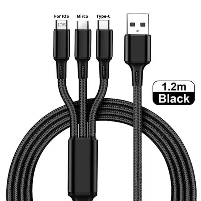 Три в одном USB-кабель для быстрой зарядки C-типа Micro IOS Multi Charger Cable Нейлоновый плетеный кабель black Fast charging