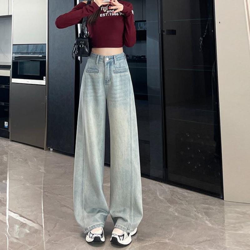Straight-legged Design Scimitar Jeans for Women In Spring and Autumn Latest White Comfortable Fit High-Waist Slimming Floor Wide-leg Pants XS gray 12ssd1