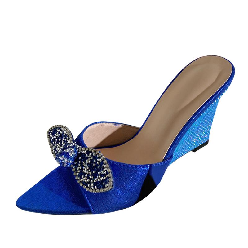 Liyke Fashion Glitter Rhinestones Bowknot Women Wedgs Slippers Summer Party Slides Shoes Sandal Female Blue High Heels Bos ... 35 gray Summer shoes