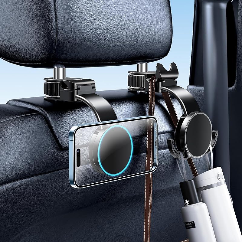 1 Pack Headrest Hook For Car Seat Back With Phone Holder, Multifunctional Car Seat Hooks For Purses And Bags Handbag Grocery Bag, Purse Hanger Car Magnetic black 91220702MAC2037461
