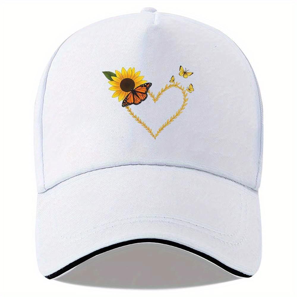 One Piece Featuring Sunflowers Butterflies And HeartShaped Leaves Showcasing Fresh Images of Romantic Natural Love One Size white XIXIGO Cap
