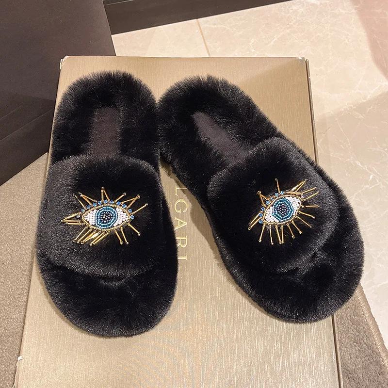 Женские зимние модные мягкие теплые новые удобные плоские меховые тапочки для улицы пушистые тапочки для дома плюшевая обувь женские роскошные тапочки 35 black Sneak Spot
