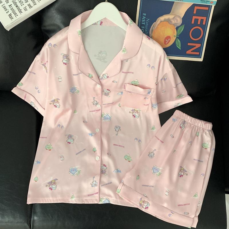 Sweet And Cute Wind Cartoon Ice Silk Pajamas Girl Summer Short-Sleeved Silk Cool Loungewear Suit M white BaiJia Jewelry BB