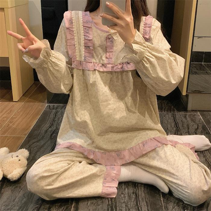 Женская пижама с длинным рукавом Коллекция одежды для сна Mujer Цветочный принт Дворцовый стиль Воланы Пижама Женская Домашняя одежда Ночная одежда Одежда для отдыха M brown Fashio