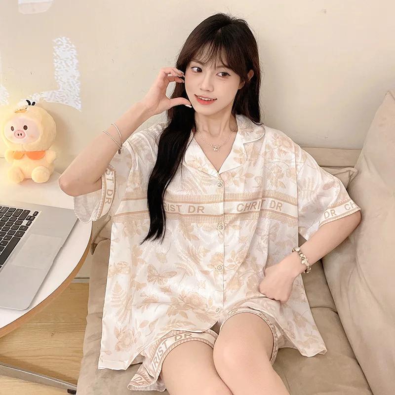 Новая пижама Ice Silk для женщин, летняя, новая, в корейском стиле, с короткими рукавами и короткими шортами, комплект из двух предметов, домашняя одежда M black JMG Clothing