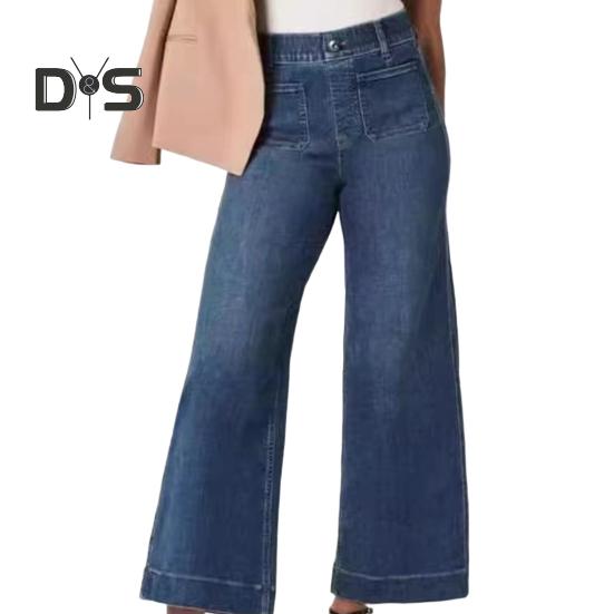 Женские джинсы Ninth Pants с карманами, прямые брюки с высокой талией, однотонные винтажные джинсы в американском стиле для повседневной носки, в школу, на работу и обратно XS синий Fancy Fashion