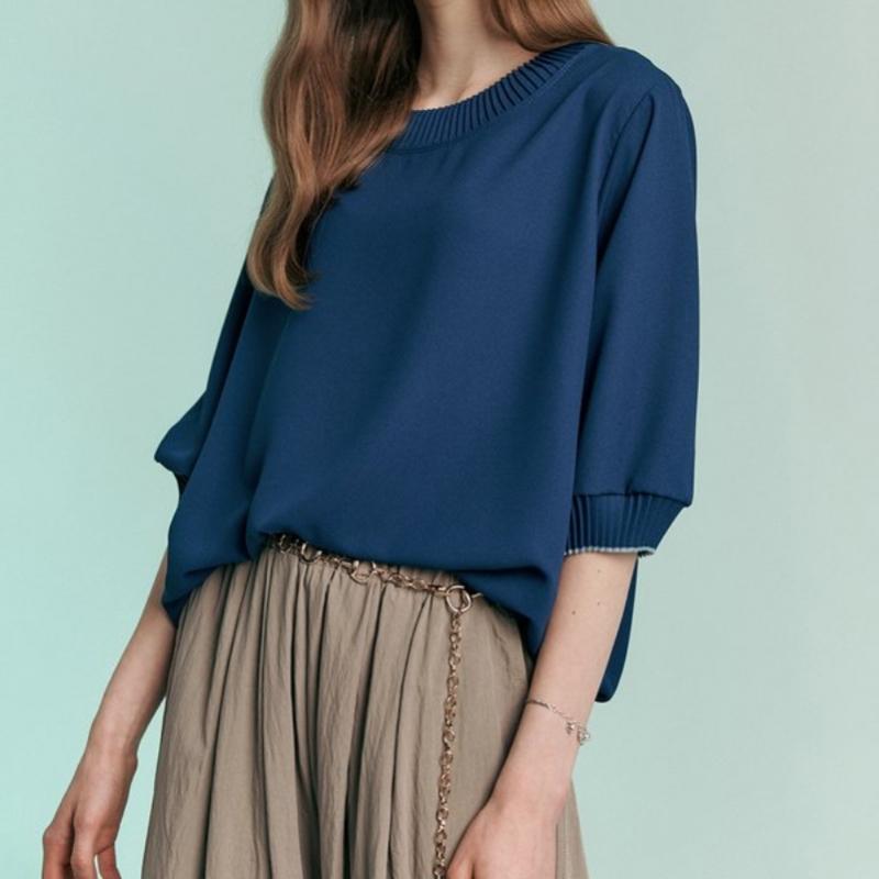 Maxza Pleats Round Neck 5 Sleeve Blouse Zc06qb600on Blue/FREE black