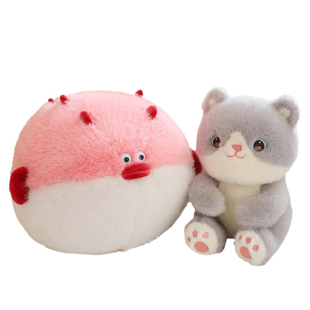 Cute Cat Fish Plush Toys Set Kawaii Stuffed Cat Puffer Animals Plush Doll Throw Pillow Toy Christmas Gifts For Boys Girls Fish Cat-Pink 37x28cm/23cm white TopLovely