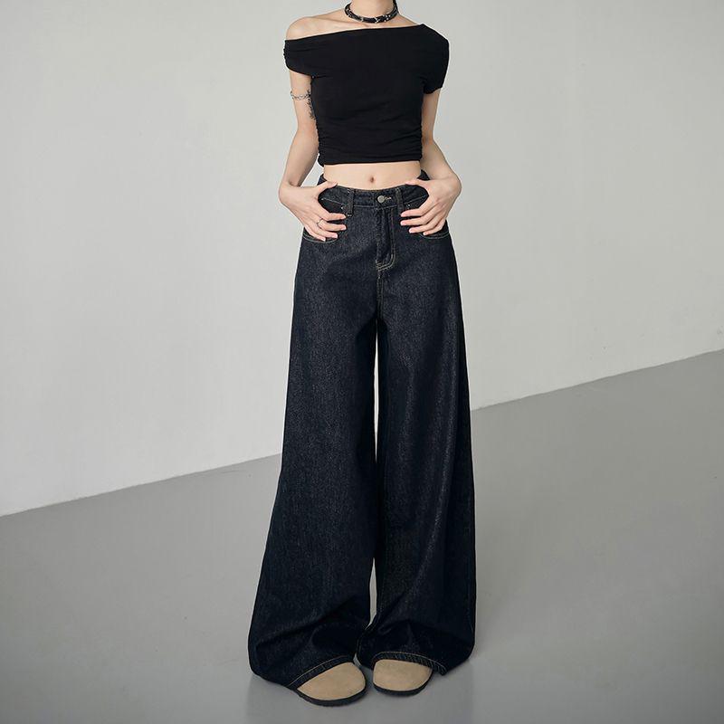 Women s Retro High-Waist Dark Blue Wide-Leg Jeans, Slim and Loose Fit, Spring/Autumn Fashion. XS white CrestLink