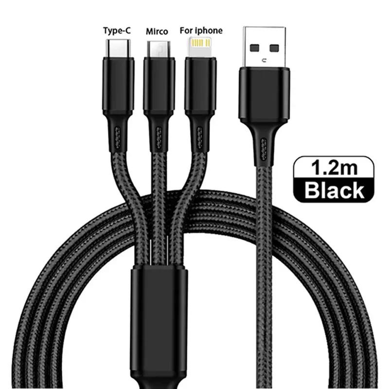 3 в 1 USB-кабель для быстрой зарядки типа C Micro IOS, универсальный зарядный кабель для iPhone, Huawei, Samsung, нейлоновый плетеный шнур чёрный Fancy Homeware