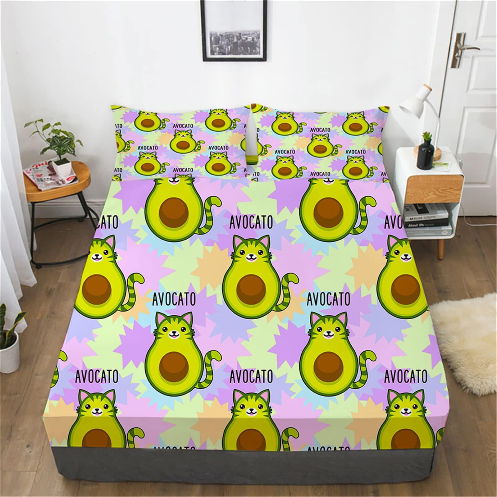 Avocado Cartoon Cat Pattern Bed Hat Three-Piece Digital Printing Bedding Set Adult Children For more sizes, please consult customer service. yellow Supermarket GO