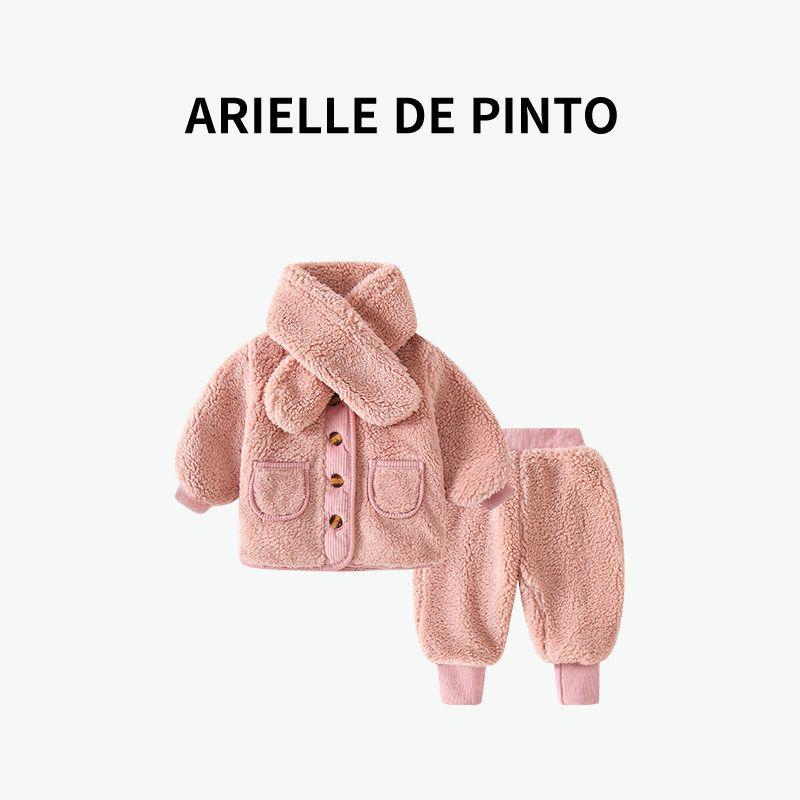 French Arielle De Pinto Girls  Winter Outfit, Stylish High-End Fleece Sweater and Cotton Jacket for Children Pink 80 brown TAOMall