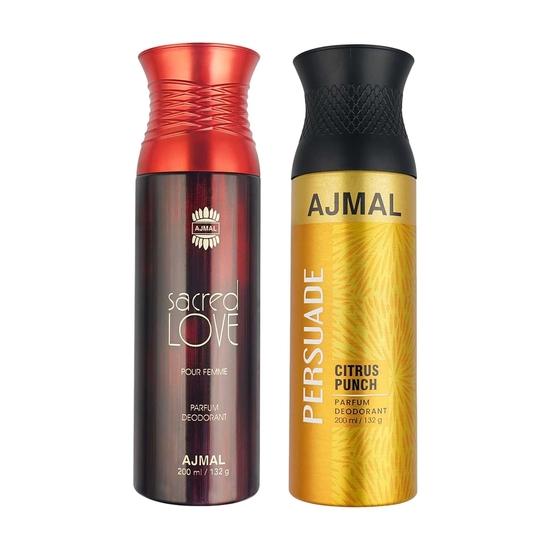 AJMAL Sacred Love For Women And Persuade For Men & Women Woody Spray Deodorants Каждый 200 мл Combo Pack из 2 шт. (Всего 400мл), 2 счета black