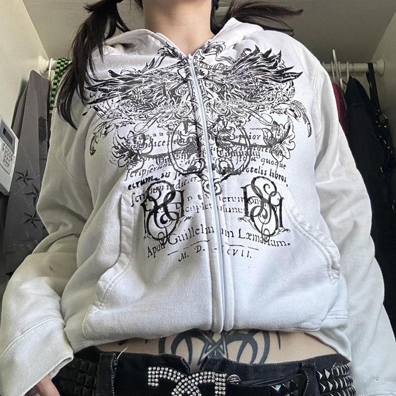 Imcute Wing Print Mall Goth Vintage Hoodies Y2K Grunge Graphic Long Sleeve Hooded Hooded Hoody Harajuku Japanese Aesthetic Women S gray Kuake K