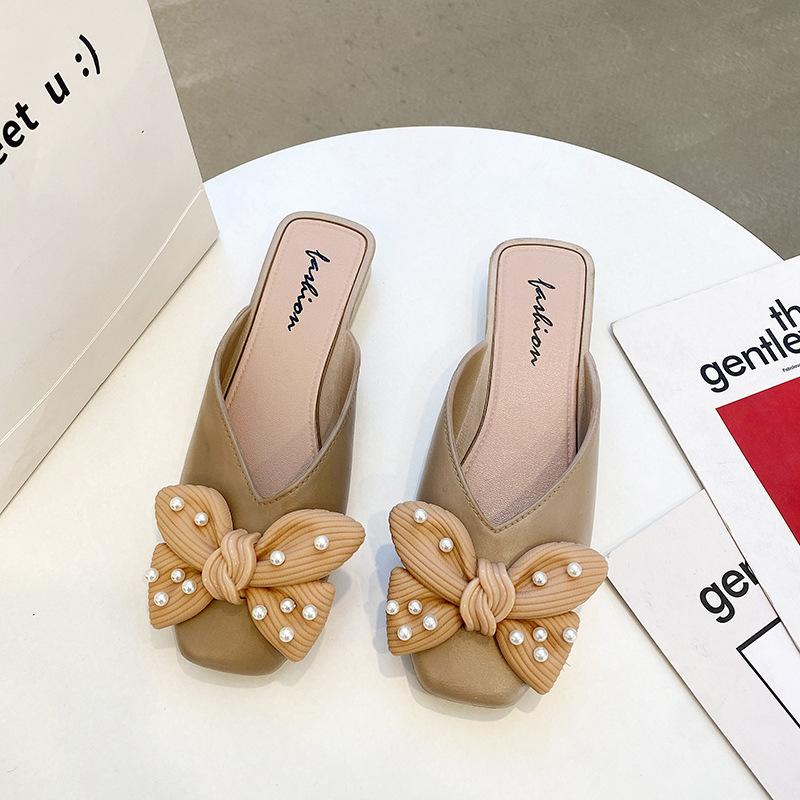 Летние новые дышащие женские полутапочки Baotou Bowknot, повседневные уличные тапочки с квадратным носком, тапочки Muller 36 хаки Foot Finesse