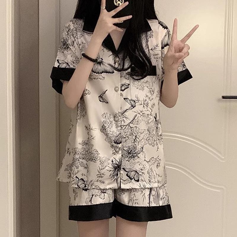 High-Value Ink Painting Butterfly Ice Silk Pajamas Women S Summer Short-Sleeved Casual Loungewear Set M gray BaiJia Jewelry BB