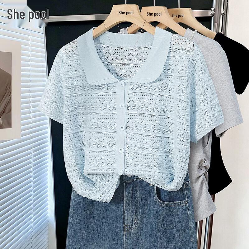 Женский вязаный топ с кукольным воротником, короткий рукав One Size светло-синий JDST online
