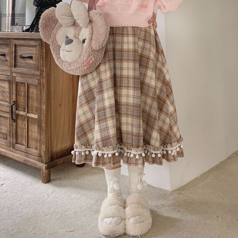 Юбка в японском стиле Kawaii, клетчатая юбка, женская, винтажная, длинная, элегантная, осенне-зимняя, модная, симпатичная, ретро, миди-юбка S gray Footwear Finds