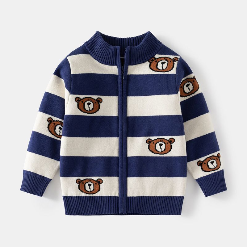 Striped Spring and Autumn Boys  Bear Cardigan Stand Collar Sweater Navy Blue and Off-White Strips 90 beige TAOMall