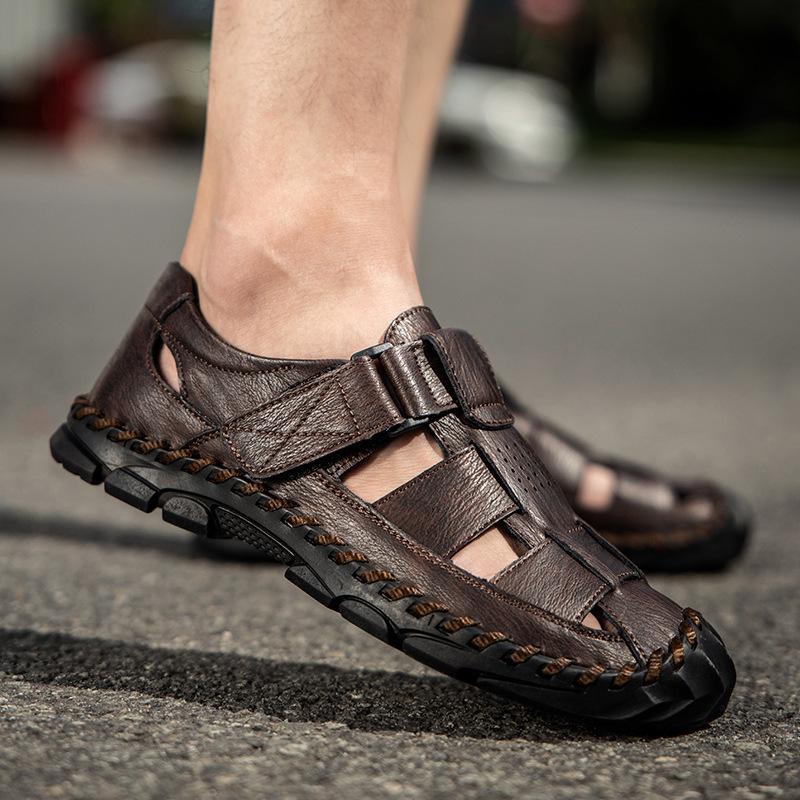 Sandals Men S Outdoor Leather Hole Shoes Large Size Casual Breathable Hollow Beach [Real Cowhide] 38 beige GIRLSIII SHOES